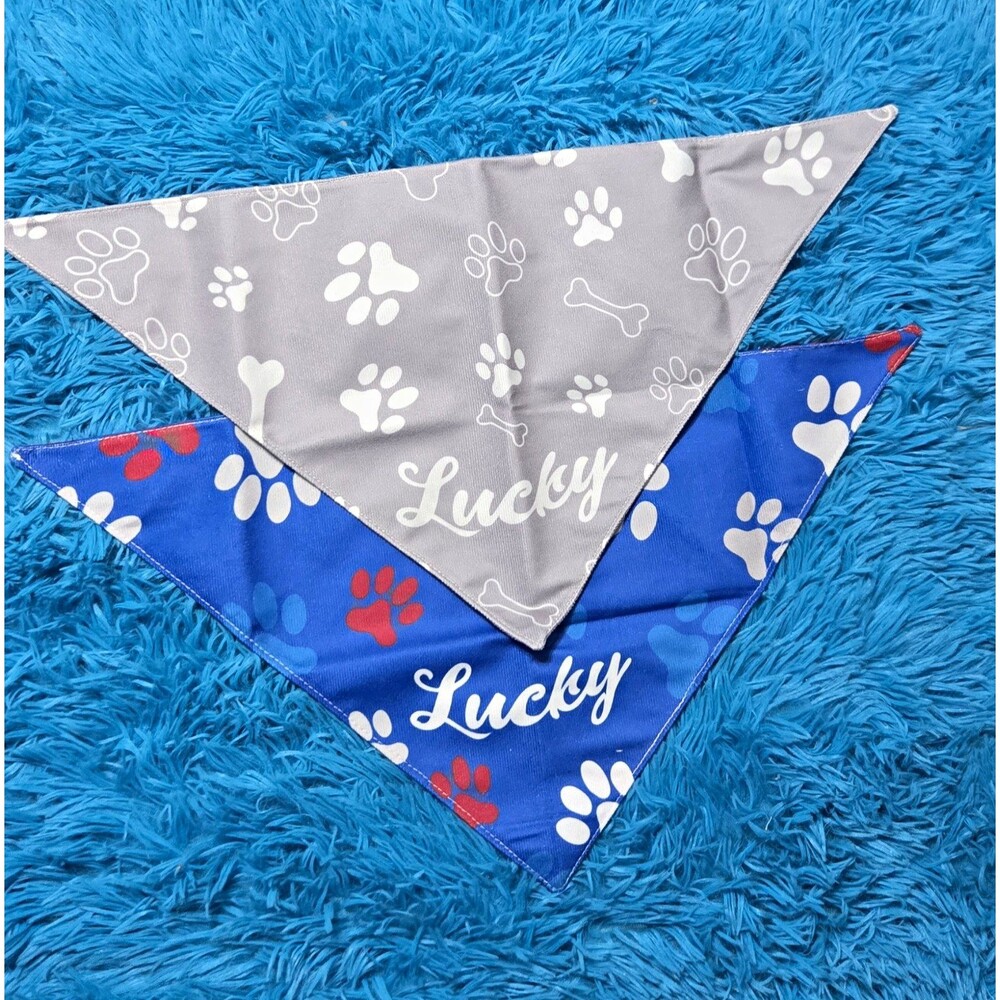 Lucky Paw Print Dog Bandana/Scarf Size S (20") Polyester Lightweight Blue/Gray
